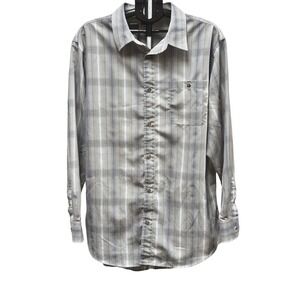 R&R Casual Plaid Button Down Shirt Men's XXL Gray White Lightweight Easy Care